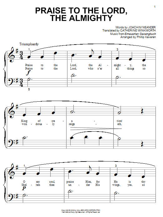 Learn to play Joachim Neander Praise To The Lord, The Almighty sheet music for Big Note Piano in minutes. Price: 6.9900$ Joachim Neander Praise To The Lord, The Almighty sheet music notes and chords arranged for Big Note Piano