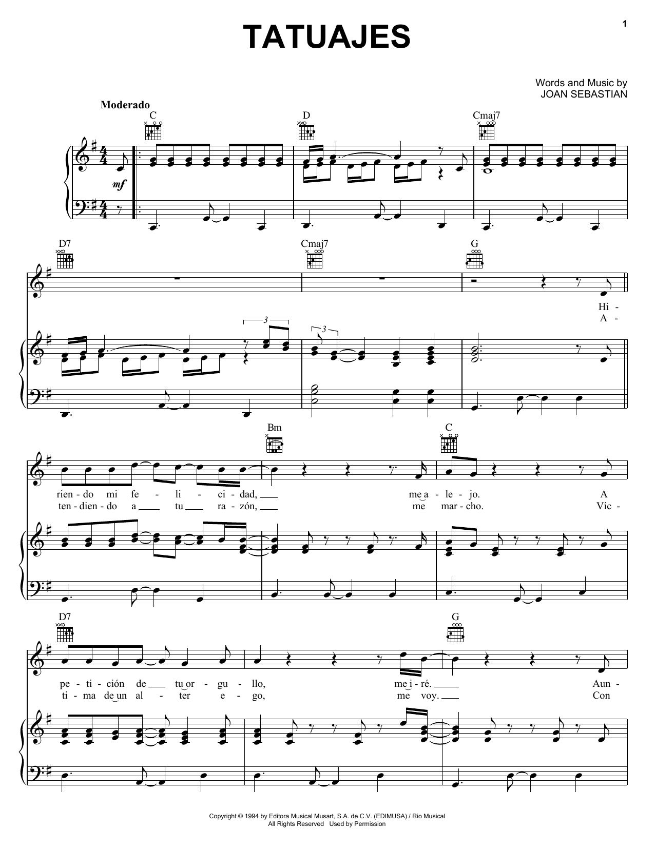 Joan Sebastian Tatuajes sheet music notes and chords. Download Printable PDF.