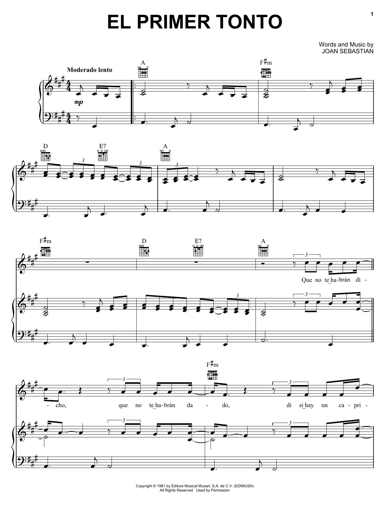 Joan Sebastian El Primer Tonto sheet music notes and chords. Download Printable PDF.