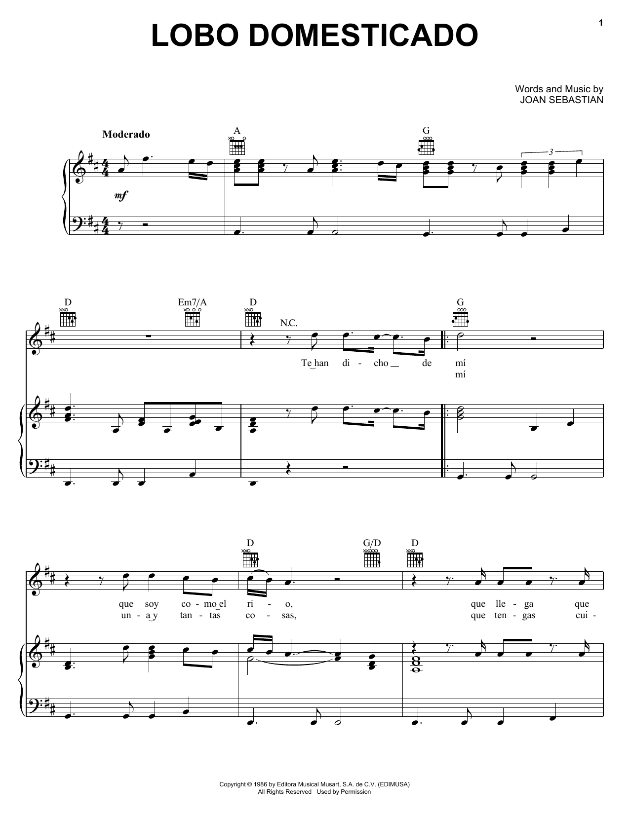 Joan Sebastian Lobo Domesticado sheet music notes and chords. Download Printable PDF.