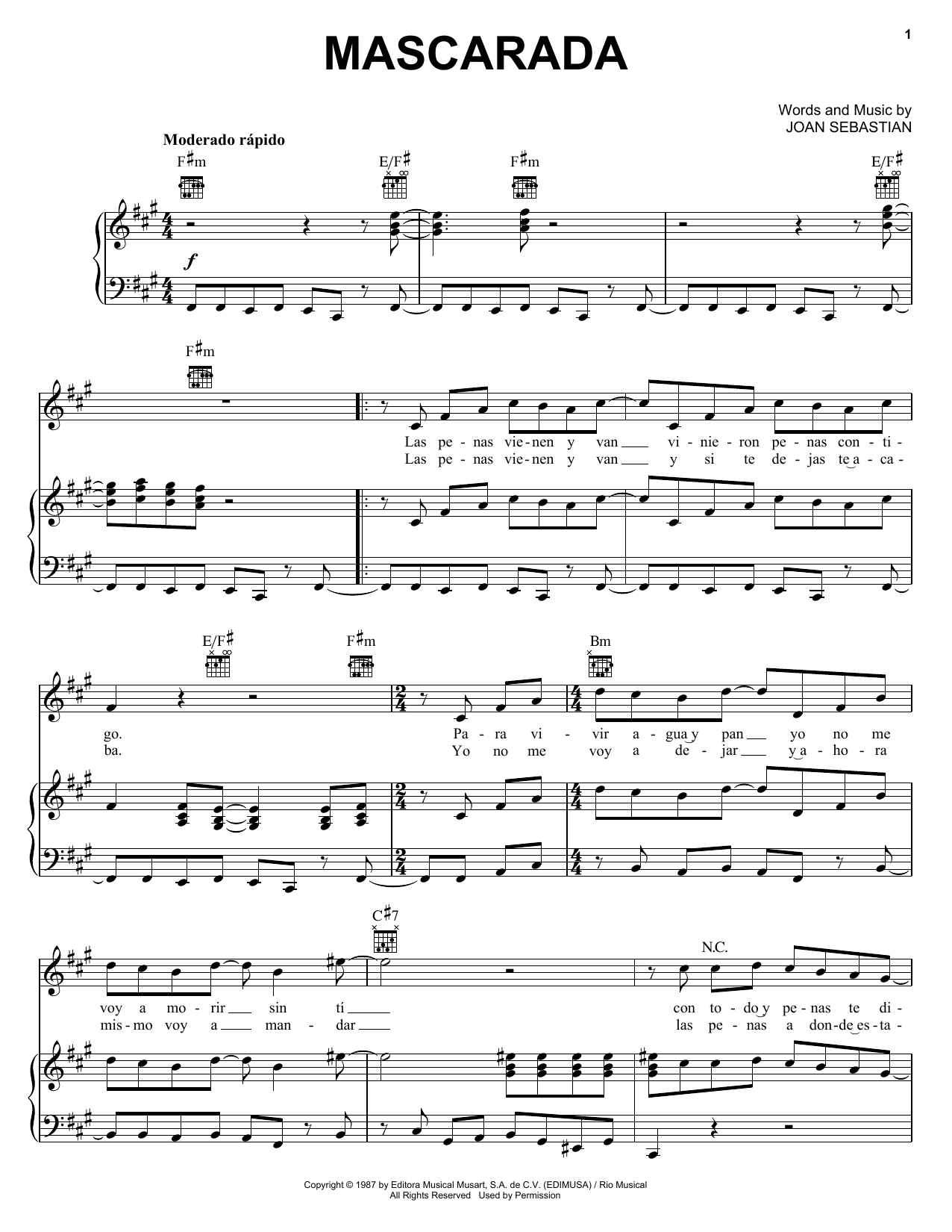 Joan Sebastian Mascarada sheet music notes and chords. Download Printable PDF.