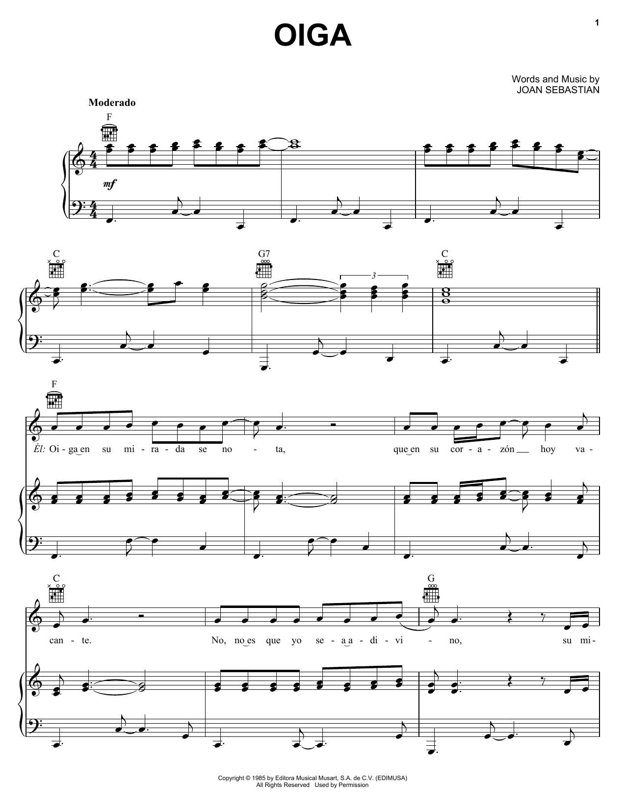 Joan Sebastian Oiga sheet music notes and chords. Download Printable PDF.