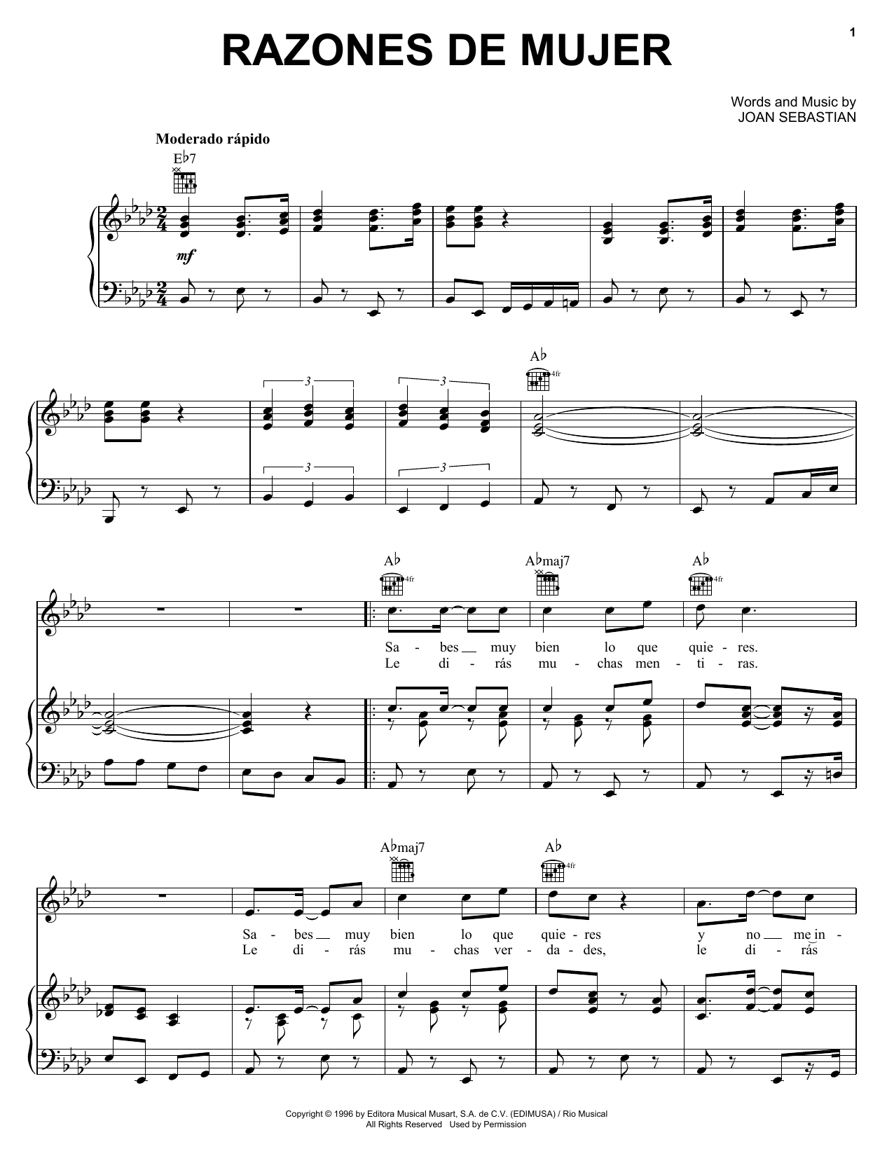 Joan Sebastian Razones De Mujer sheet music notes and chords. Download Printable PDF.