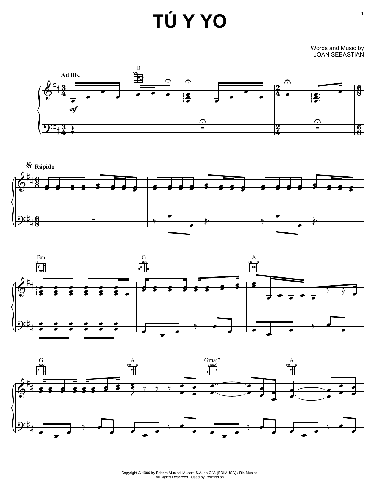 Joan Sebastian Tú Y Yo sheet music notes and chords. Download Printable PDF.