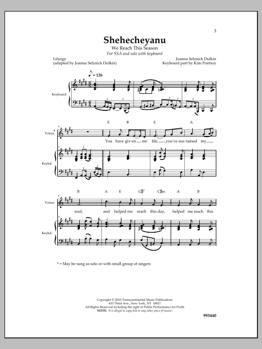 Joanna Sulznick Dulkin Shehecheyanu sheet music notes and chords. Download Printable PDF.