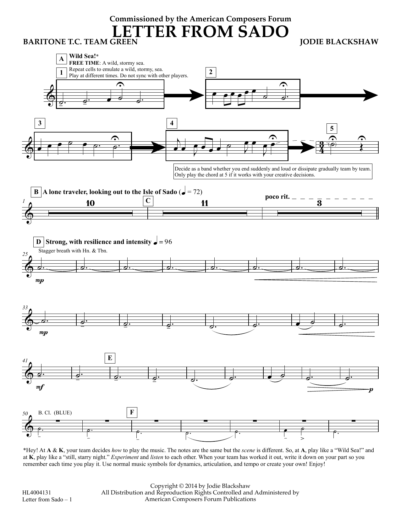 Learn to play Jodie Blackshaw Letter from Sado - Baritone T.C. Team Green sheet music for Concert Band in minutes. Price: 5.9900$ Jodie Blackshaw Letter from Sado - Baritone T.C. Team Green sheet music notes and chords arranged for Concert Band