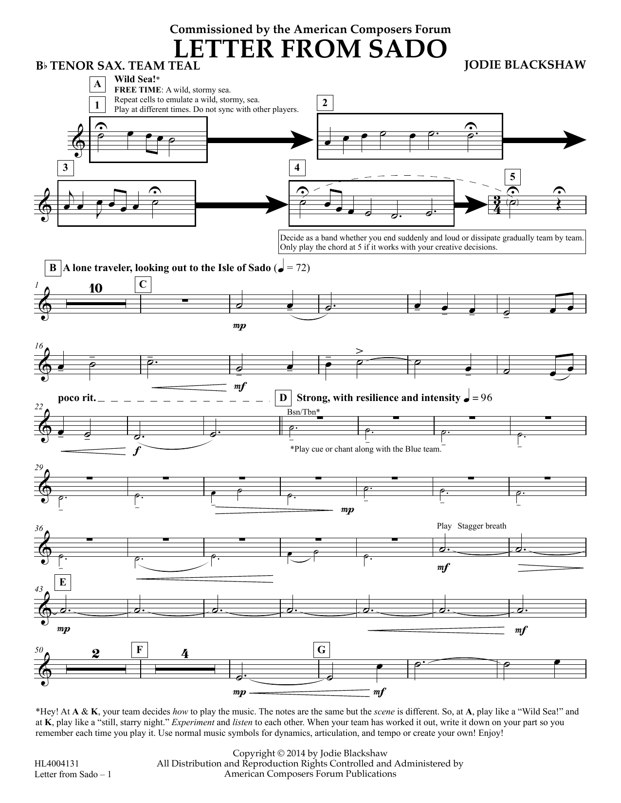 Learn to play Jodie Blackshaw Letter from Sado - Bb Tenor Saxophone Team Teal sheet music for Concert Band in minutes. Price: 5.9900$ Jodie Blackshaw Letter from Sado - Bb Tenor Saxophone Team Teal sheet music notes and chords arranged for Concert Band
