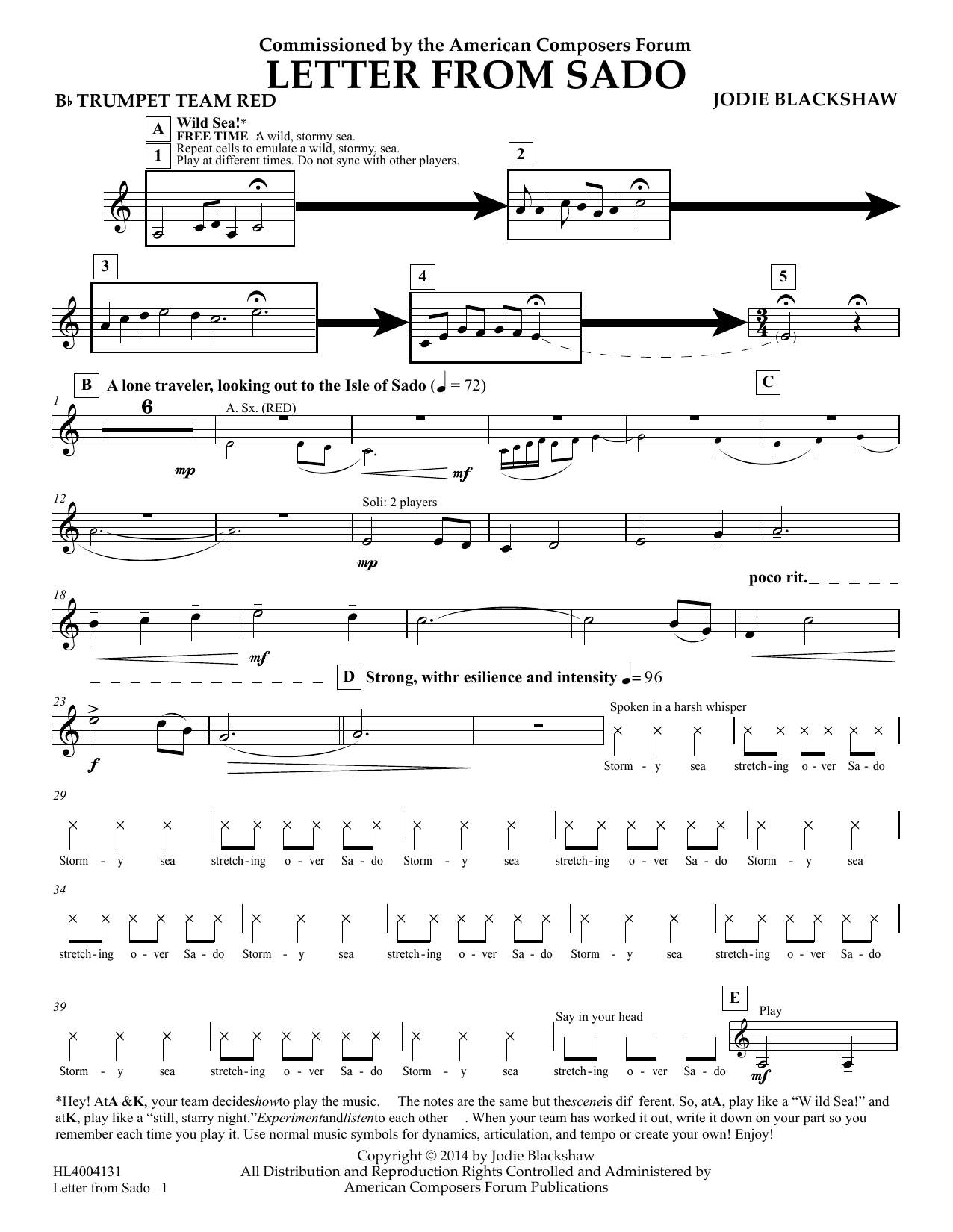 Learn to play Jodie Blackshaw Letter from Sado - Bb Trumpet Team Red sheet music for Concert Band in minutes. Price: 5.9900$ Jodie Blackshaw Letter from Sado - Bb Trumpet Team Red sheet music notes and chords arranged for Concert Band