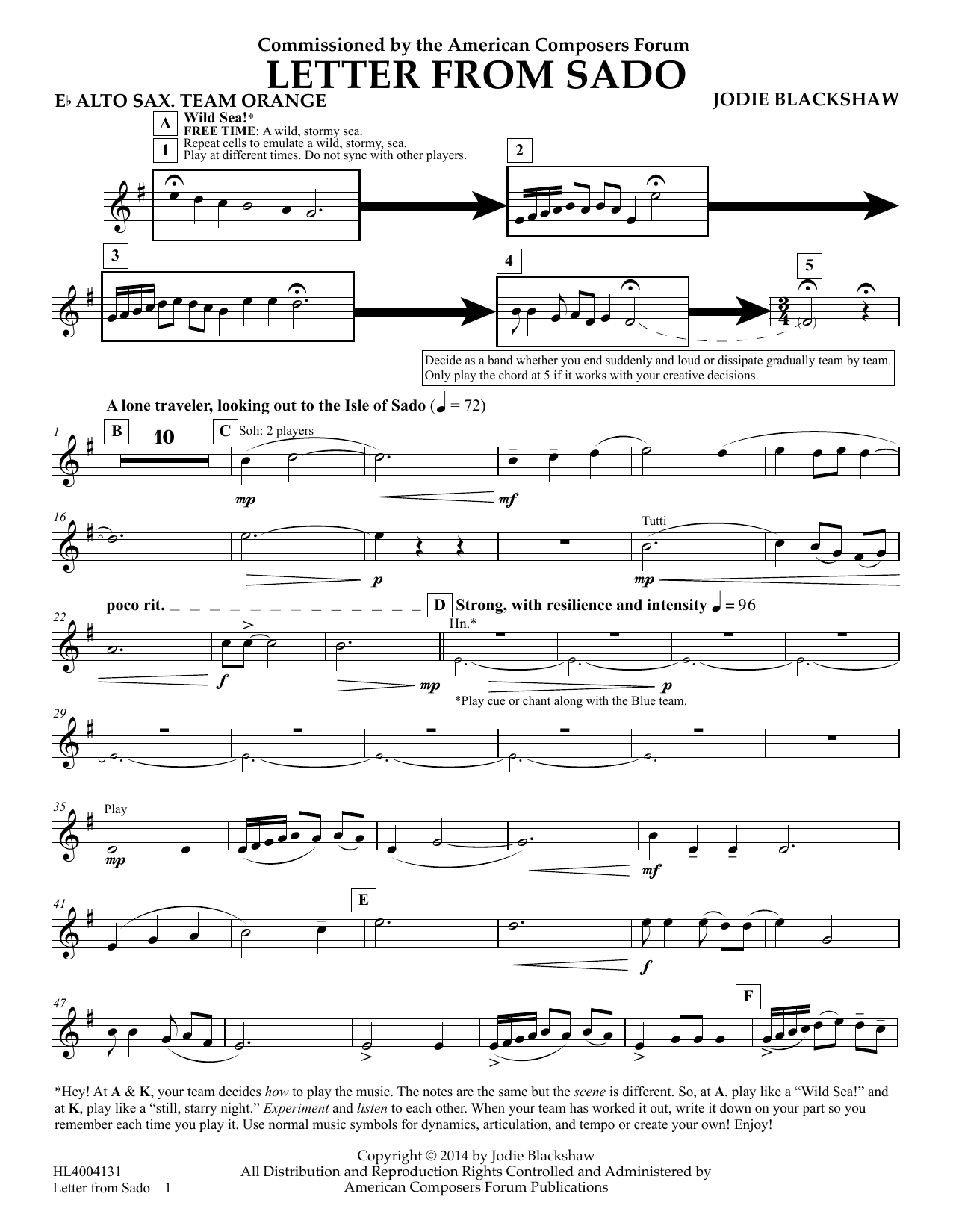 Learn to play Jodie Blackshaw Letter from Sado - Eb Alto Saxophone Team Orange sheet music for Concert Band in minutes. Price: 5.9900$ Jodie Blackshaw Letter from Sado - Eb Alto Saxophone Team Orange sheet music notes and chords arranged for Concert Band
