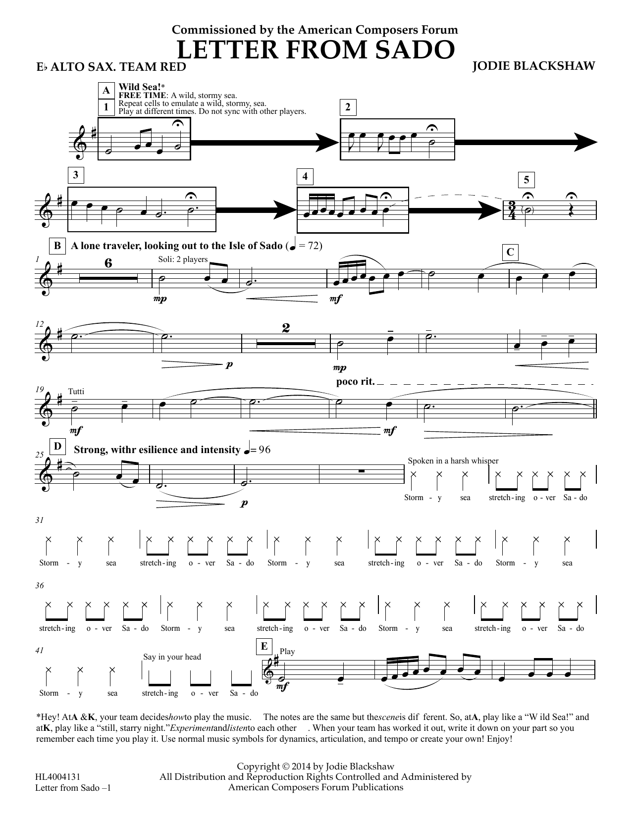 Learn to play Jodie Blackshaw Letter from Sado - Eb Alto Saxophone Team Red sheet music for Concert Band in minutes. Price: 5.9900$ Jodie Blackshaw Letter from Sado - Eb Alto Saxophone Team Red sheet music notes and chords arranged for Concert Band