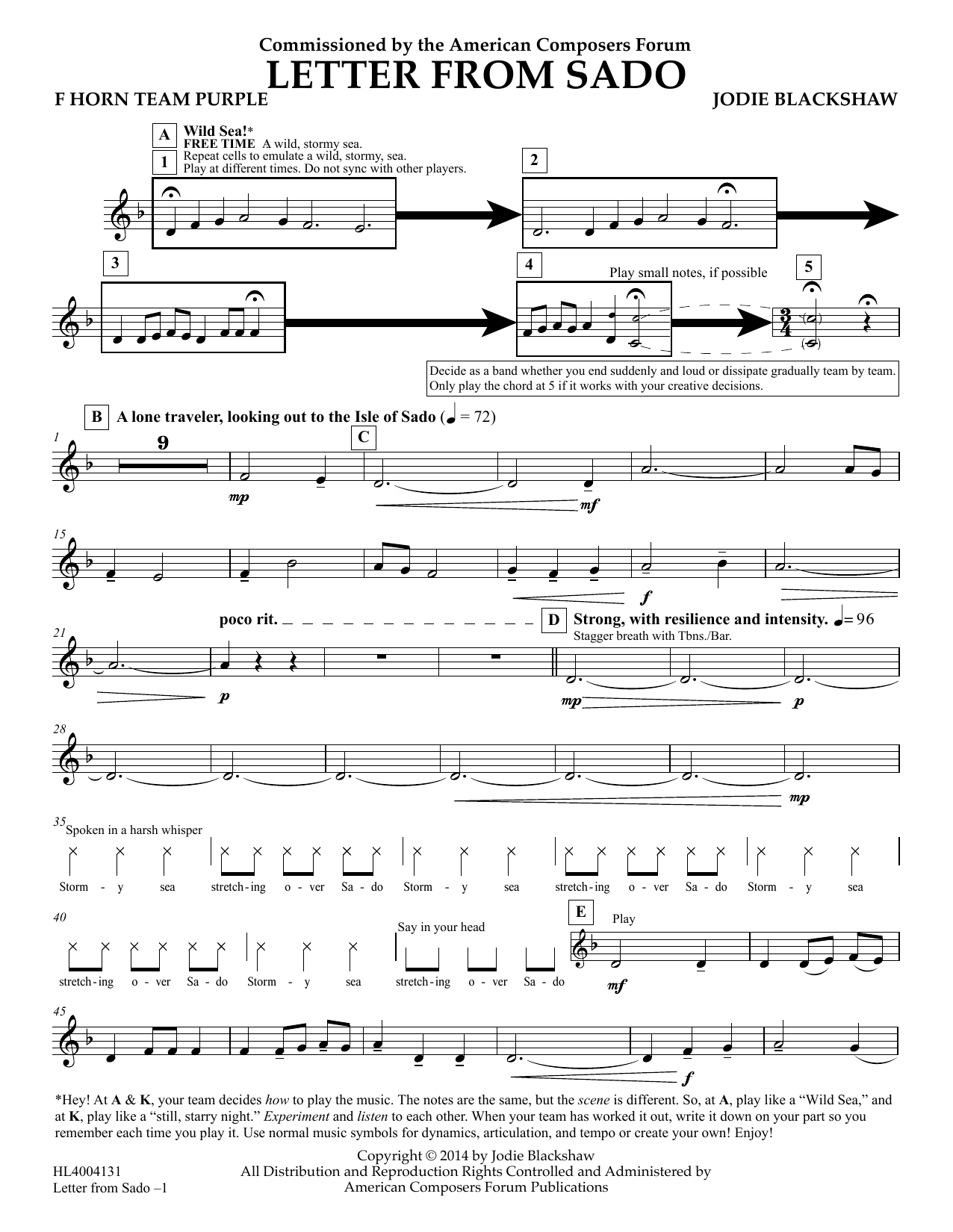 Learn to play Jodie Blackshaw Letter from Sado - F Horn Team Purple sheet music for Concert Band in minutes. Price: 5.9900$ Jodie Blackshaw Letter from Sado - F Horn Team Purple sheet music notes and chords arranged for Concert Band
