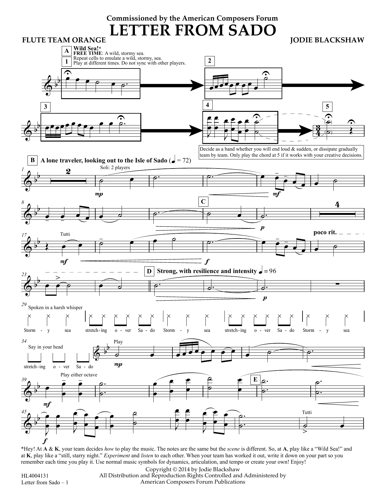 Learn to play Jodie Blackshaw Letter from Sado - Flute Team Orange sheet music for Concert Band in minutes. Price: 5.9900$ Jodie Blackshaw Letter from Sado - Flute Team Orange sheet music notes and chords arranged for Concert Band