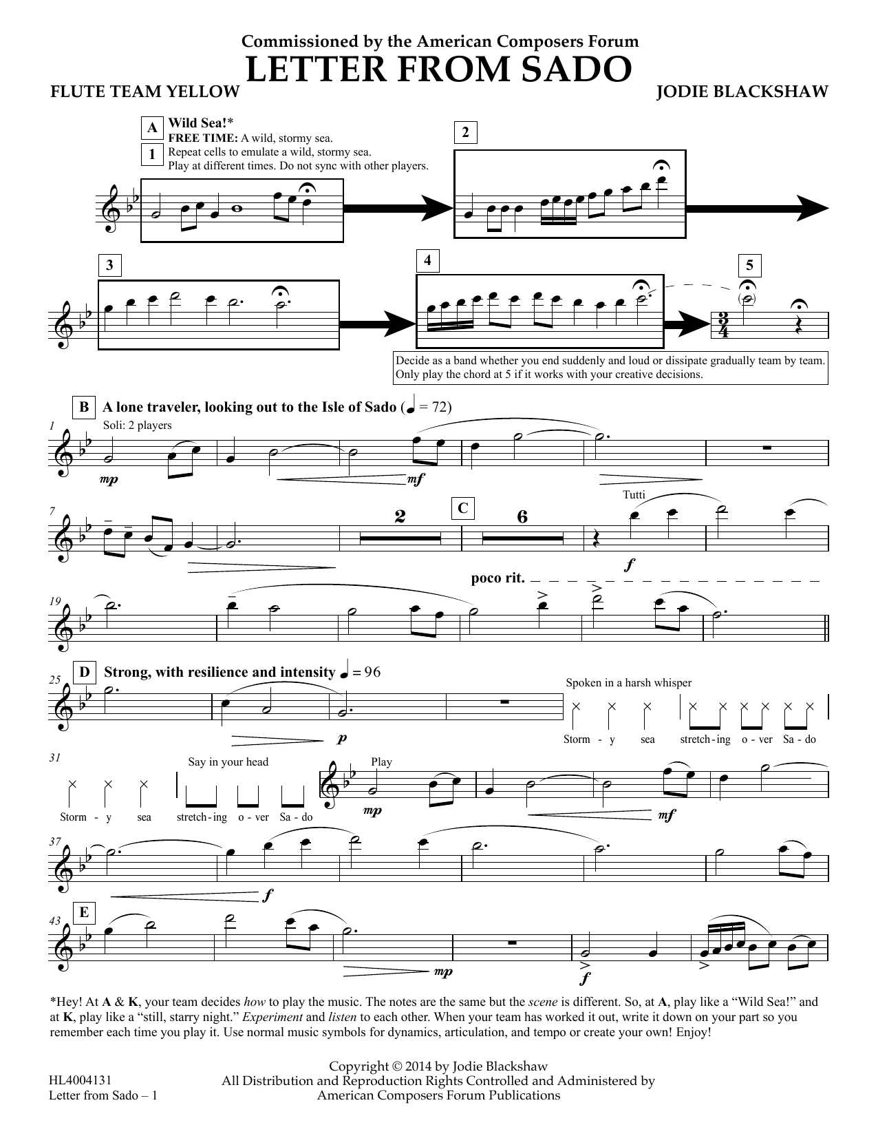 Learn to play Jodie Blackshaw Letter from Sado - Flute Team Yellow sheet music for Concert Band in minutes. Price: 5.9900$ Jodie Blackshaw Letter from Sado - Flute Team Yellow sheet music notes and chords arranged for Concert Band