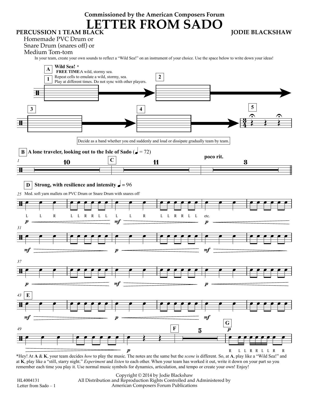 Learn to play Jodie Blackshaw Letter from Sado - Percussion 1 Team Black sheet music for Concert Band in minutes. Price: 5.9900$ Jodie Blackshaw Letter from Sado - Percussion 1 Team Black sheet music notes and chords arranged for Concert Band
