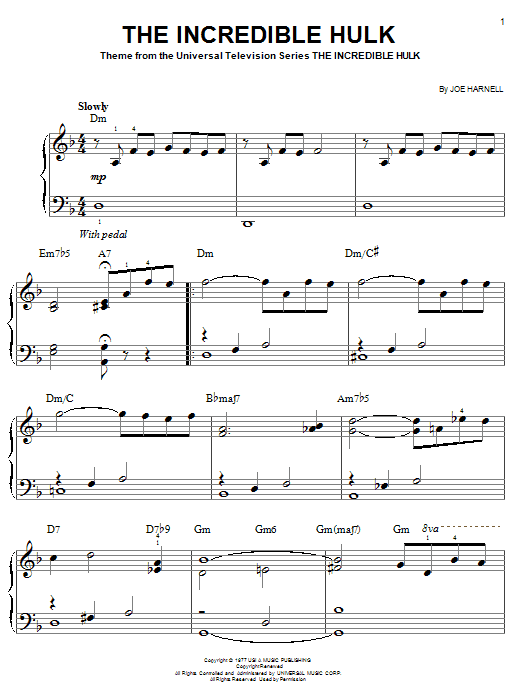 Joe Harnell The Incredible Hulk sheet music notes and chords. Download Printable PDF.