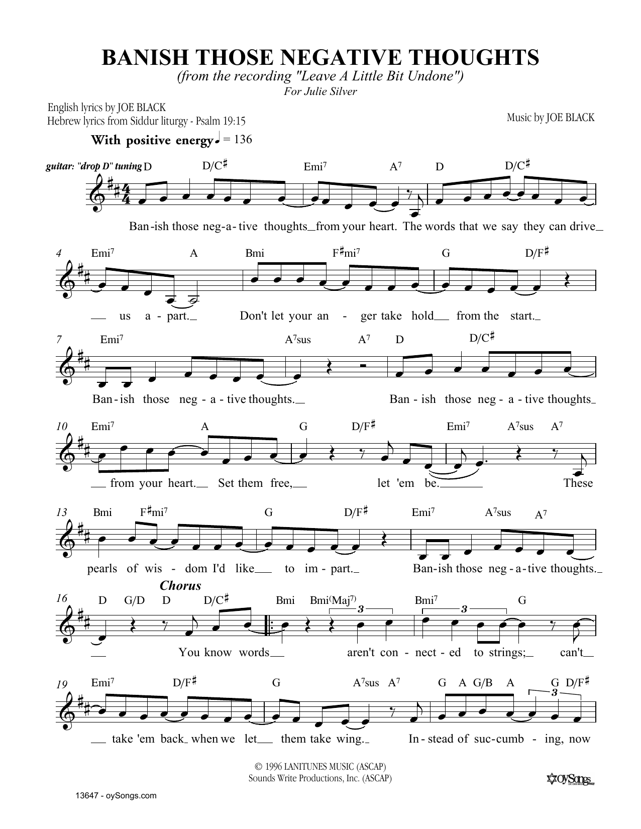 Learn to play Joe Black Banish Those Negative Thoughts sheet music for Lead Sheet / Fake Book in minutes. Price: 5.9900$ Joe Black Banish Those Negative Thoughts sheet music notes and chords arranged for Lead Sheet / Fake Book