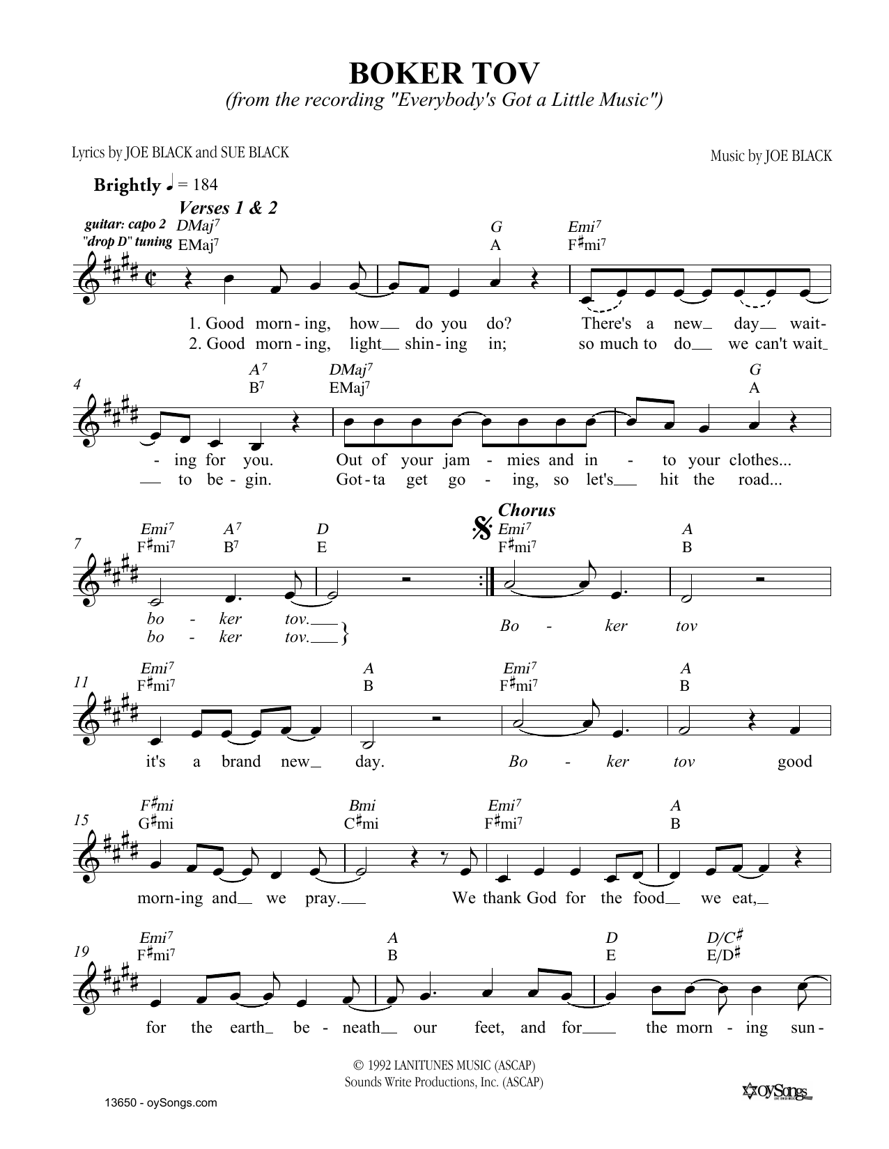 Joe Black Boker Tov sheet music notes and chords. Download Printable PDF.