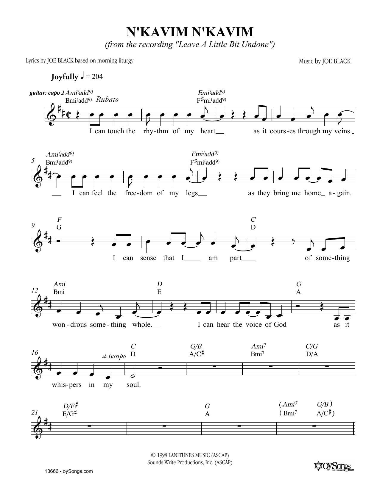 Joe Black N'kavim sheet music notes and chords. Download Printable PDF.