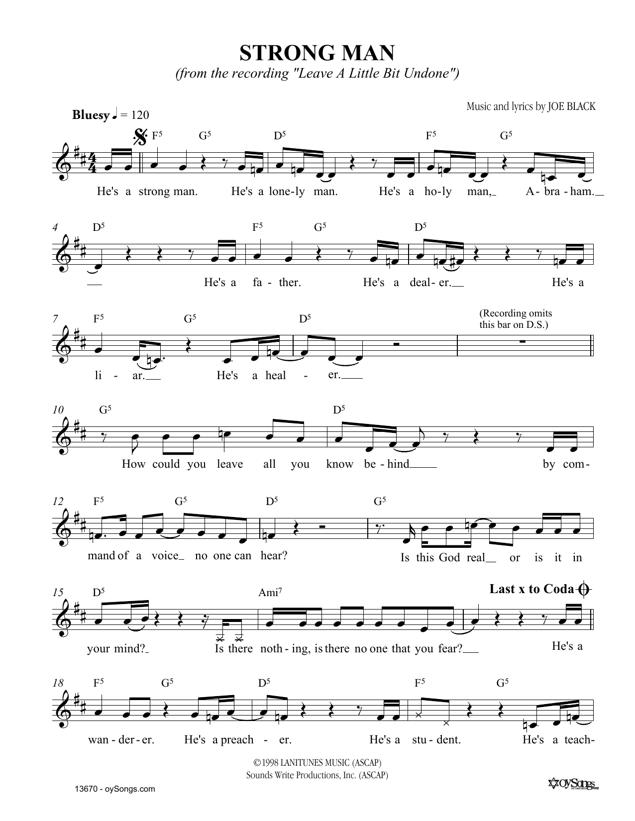 Joe Black Strong Man sheet music notes and chords arranged for Lead Sheet / Fake Book