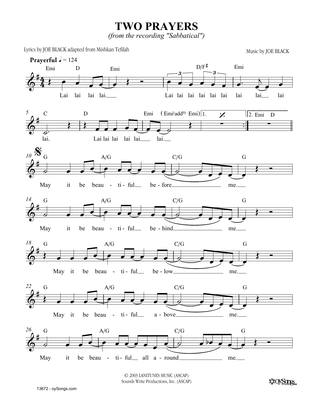 Joe Black Two Prayers sheet music notes and chords. Download Printable PDF.