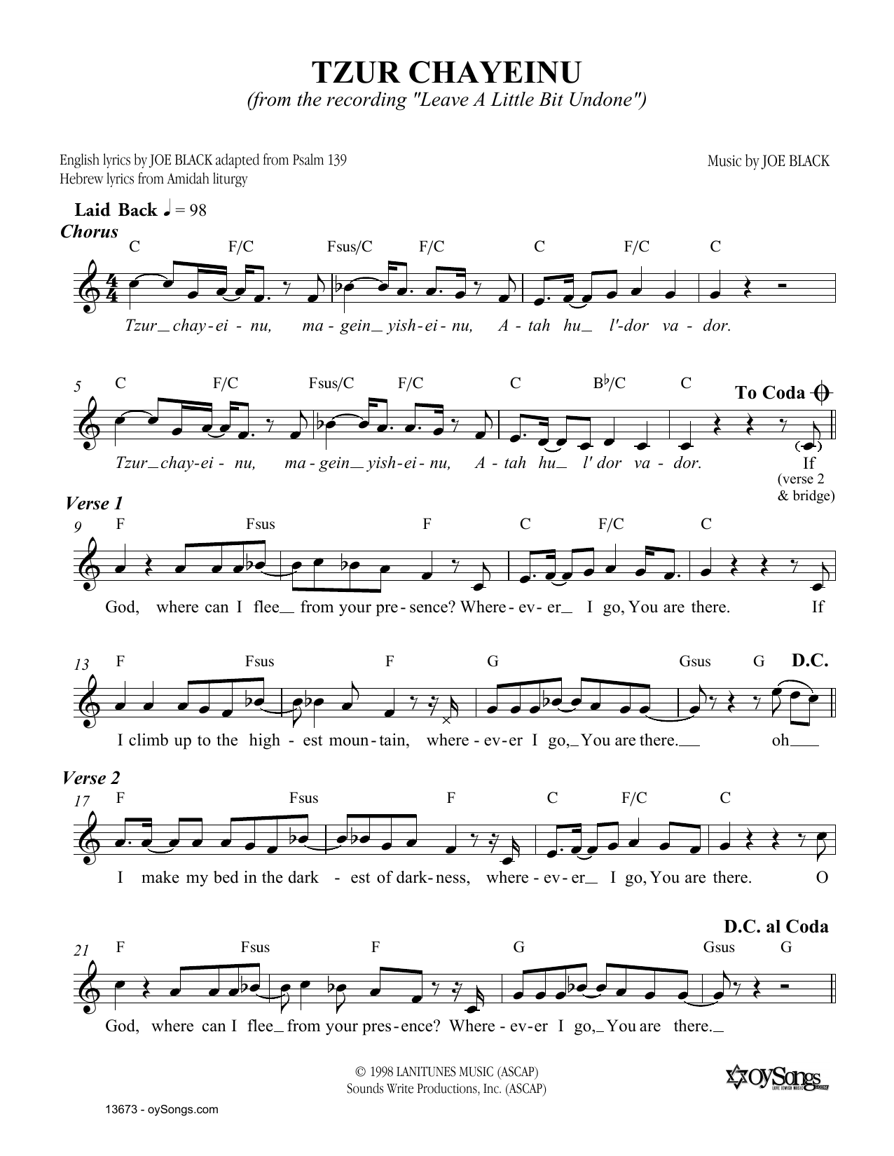 Joe Black Tzur Chayeinu sheet music notes and chords. Download Printable PDF.