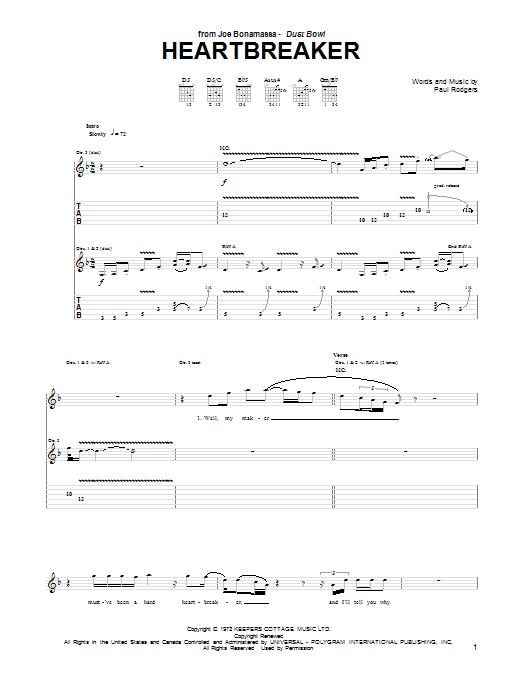 Joe Bonamassa Heartbreaker sheet music notes and chords. Download Printable PDF.