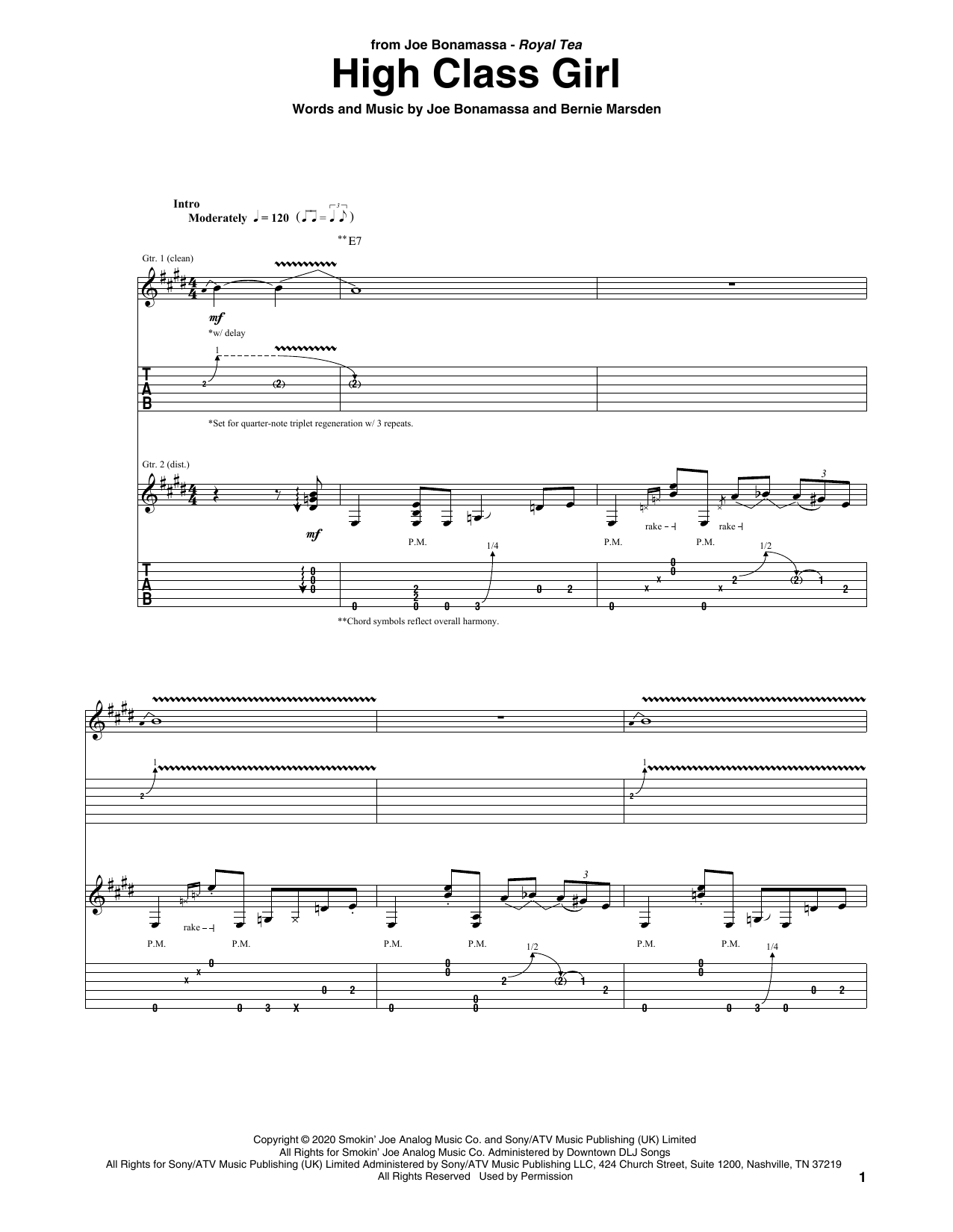 Joe Bonamassa High Class Girl sheet music notes and chords. Download Printable PDF.