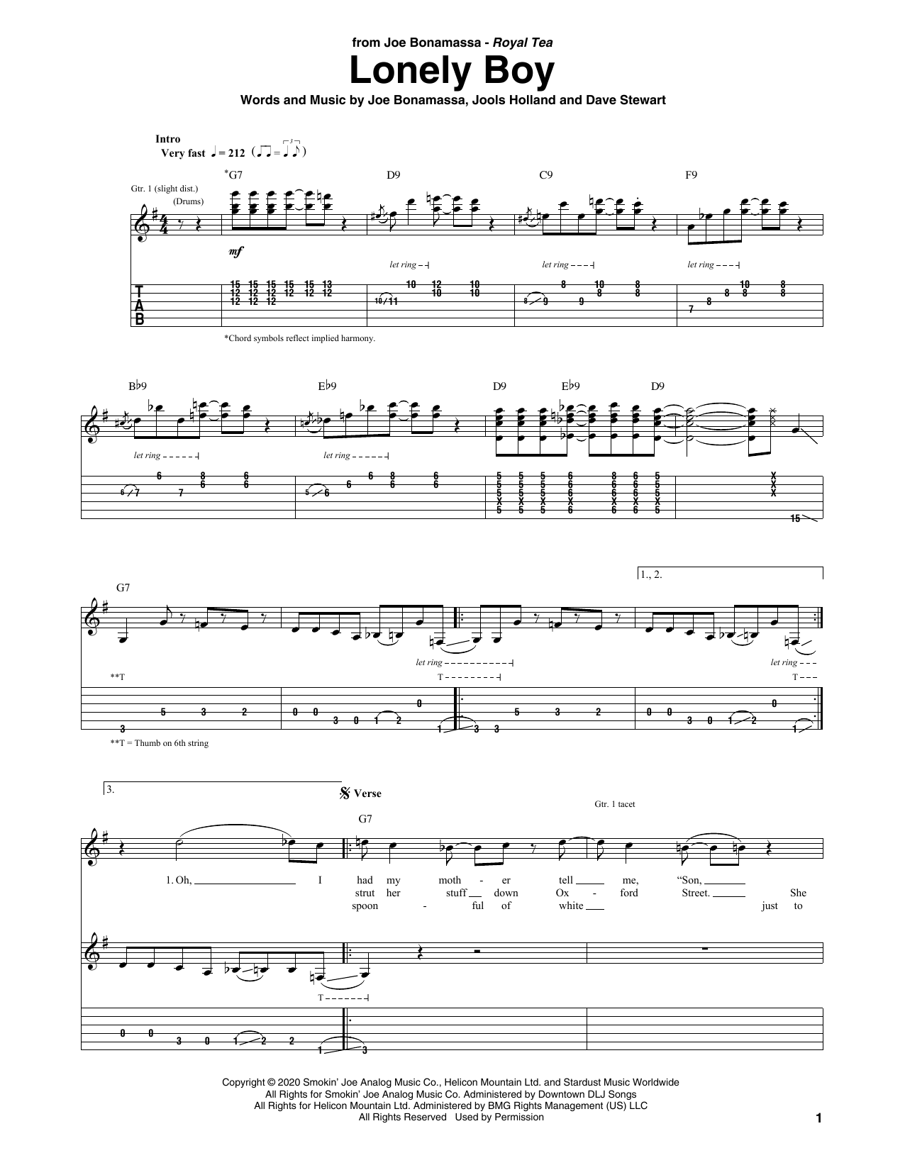 Joe Bonamassa Lonely Boy sheet music notes and chords. Download Printable PDF.