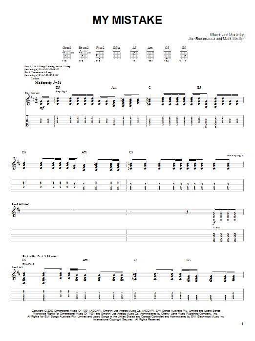 Joe Bonamassa My Mistake sheet music notes and chords. Download Printable PDF.