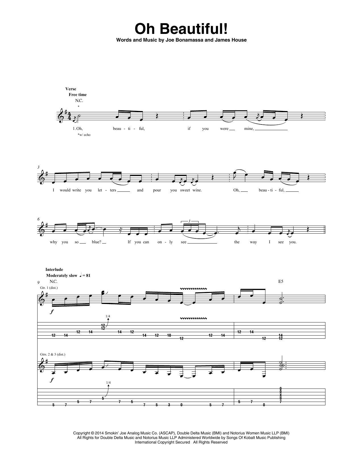 Joe Bonamassa Oh Beautiful! sheet music notes and chords. Download Printable PDF.