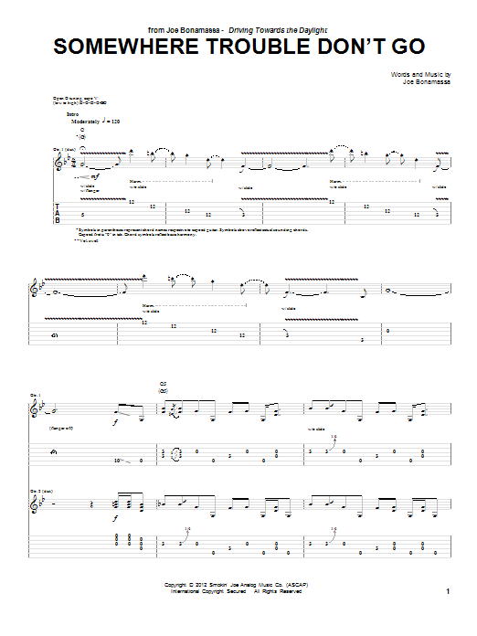 Learn to play Joe Bonamassa Somewhere Trouble Don't Go sheet music for Guitar Tab in minutes. Joe Bonamassa Somewhere Trouble Don't Go sheet music notes and chords. Download Printable PDF.