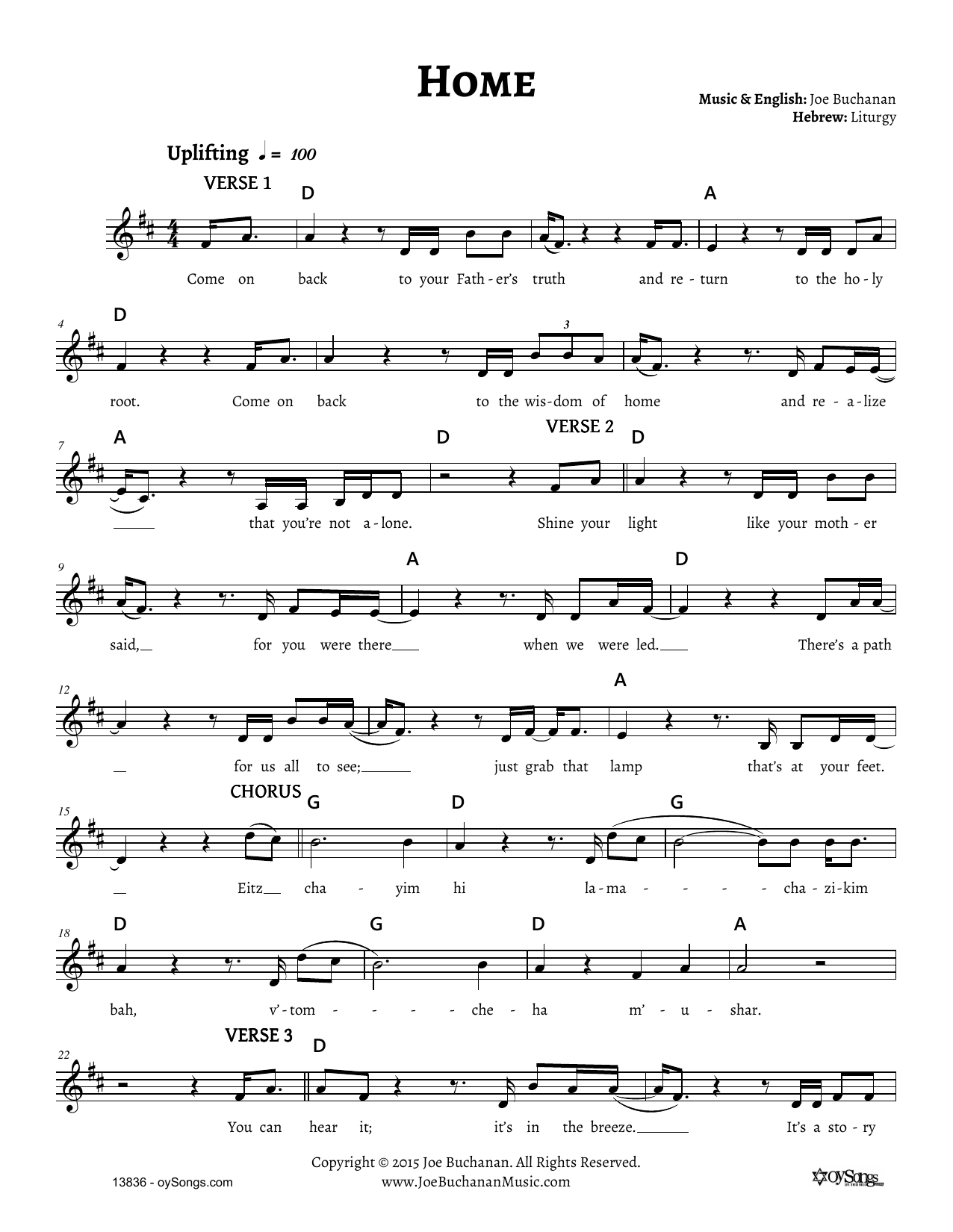 Joe Buchanan Home sheet music notes and chords. Download Printable PDF.