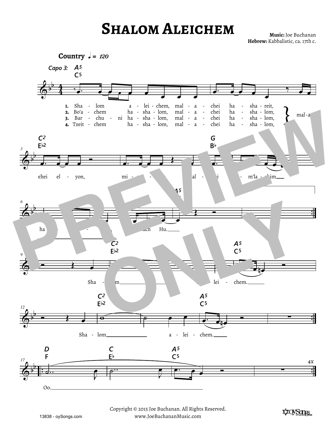 Joe Buchanan Shalom Aleichem sheet music notes and chords. Download Printable PDF.