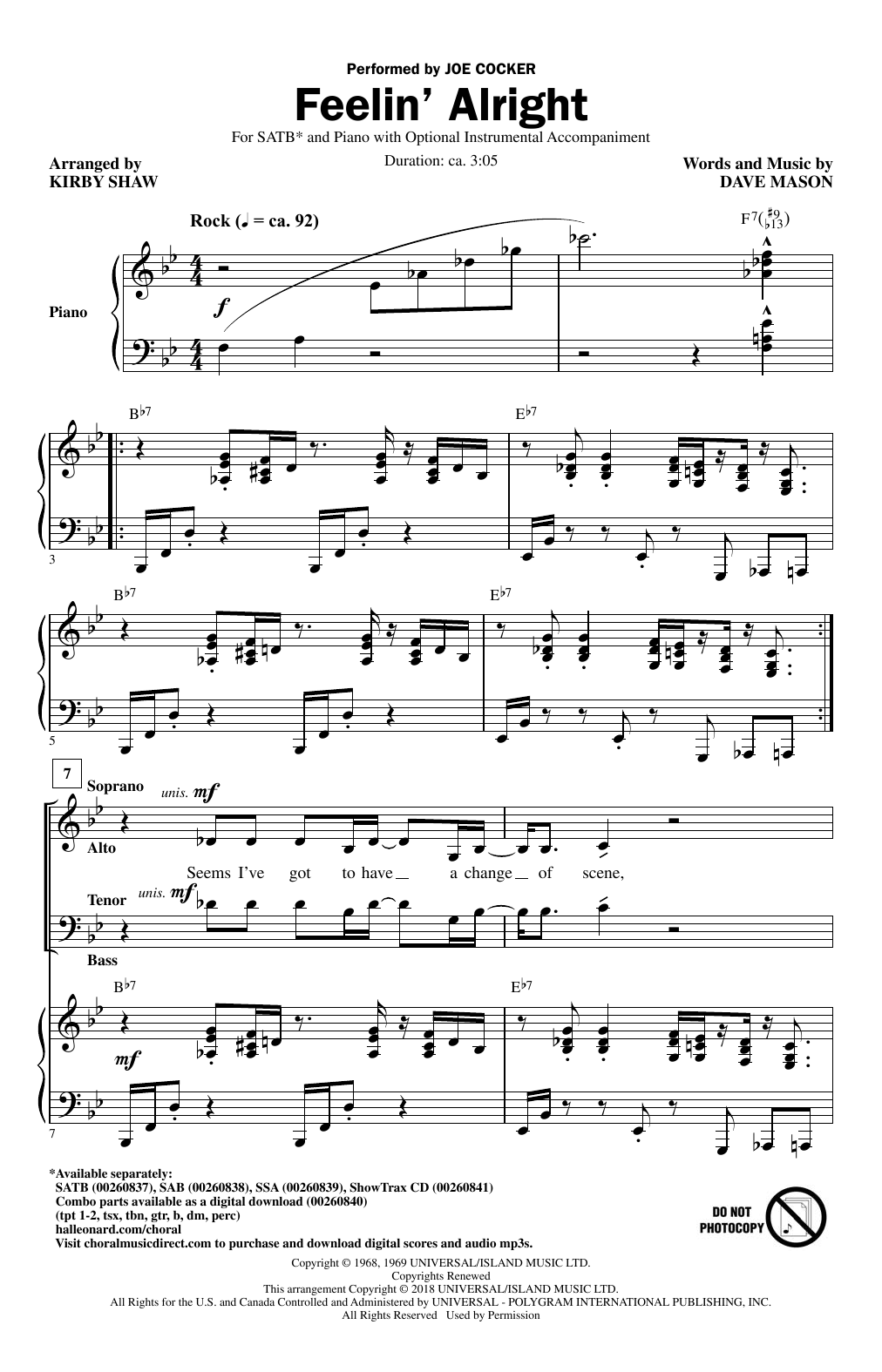 Kirby Shaw Feelin' Alright sheet music notes and chords arranged for SATB Choir