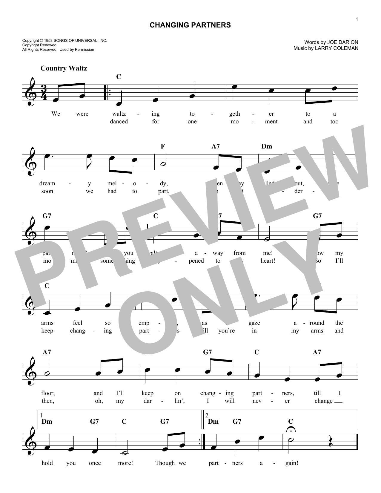 Joe Darion Changing Partners sheet music notes and chords arranged for Easy Lead Sheet / Fake Book