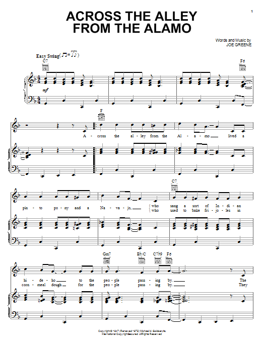 Learn to play Joe Greene Across The Alley From The Alamo sheet music for Lead Sheet / Fake Book in minutes. Price: 5.9900$ Joe Greene Across The Alley From The Alamo sheet music notes and chords arranged for Lead Sheet / Fake Book