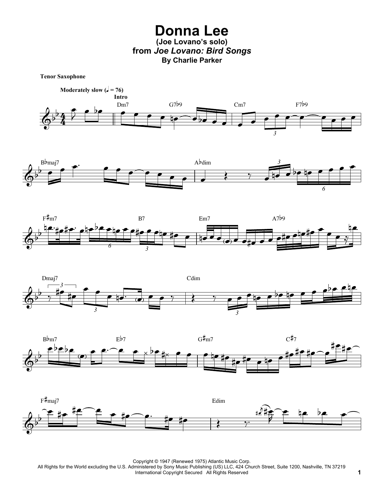 Joe Lovano Donna Lee sheet music notes and chords. Download Printable PDF.