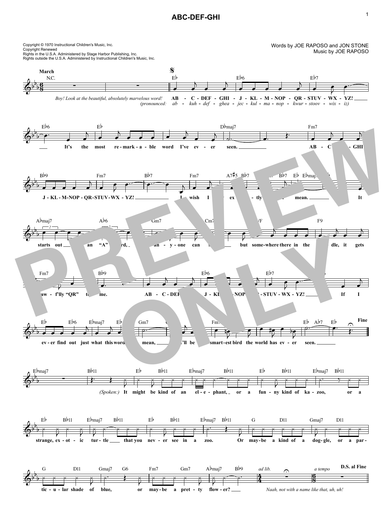 Joe Raposo ABC-DEF-GHI sheet music notes and chords. Download Printable PDF.