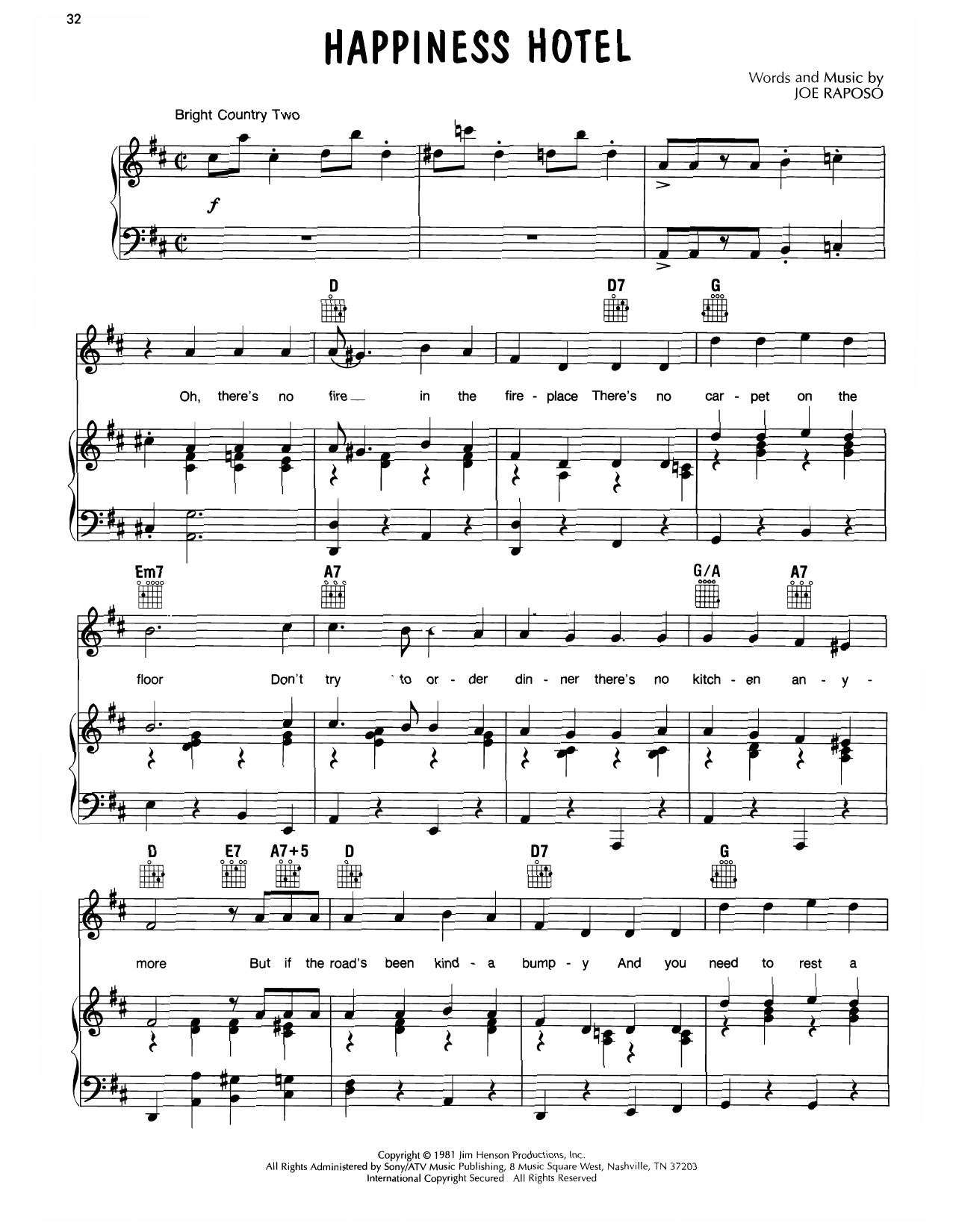 Learn to play Joe Raposo Happiness Hotel (from The Great Muppet Caper) sheet music for Easy Piano in minutes. Price: 6.9900$ Joe Raposo Happiness Hotel (from The Great Muppet Caper) sheet music notes and chords arranged for Easy Piano