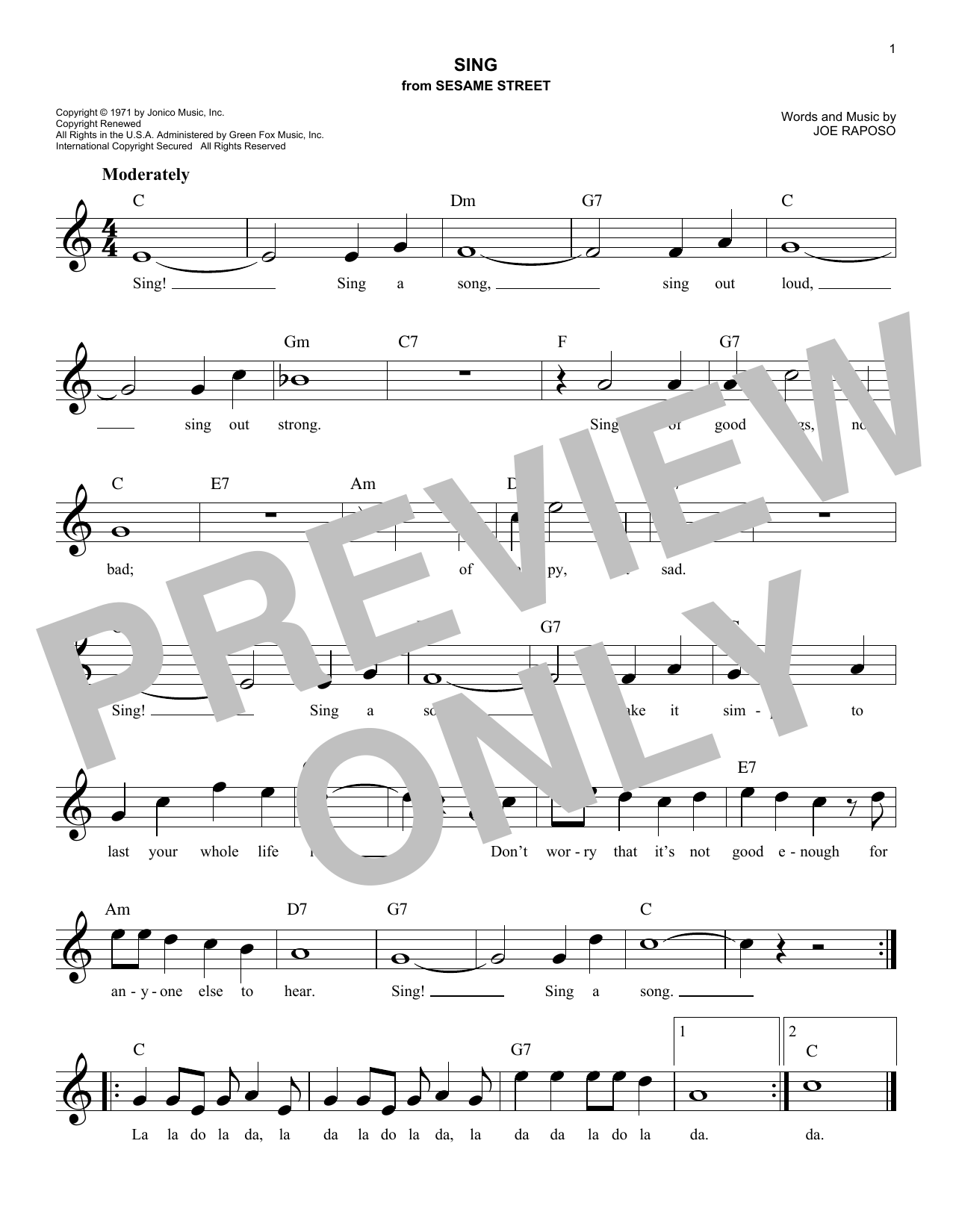 Joe Raposo Sing sheet music notes and chords. Download Printable PDF.