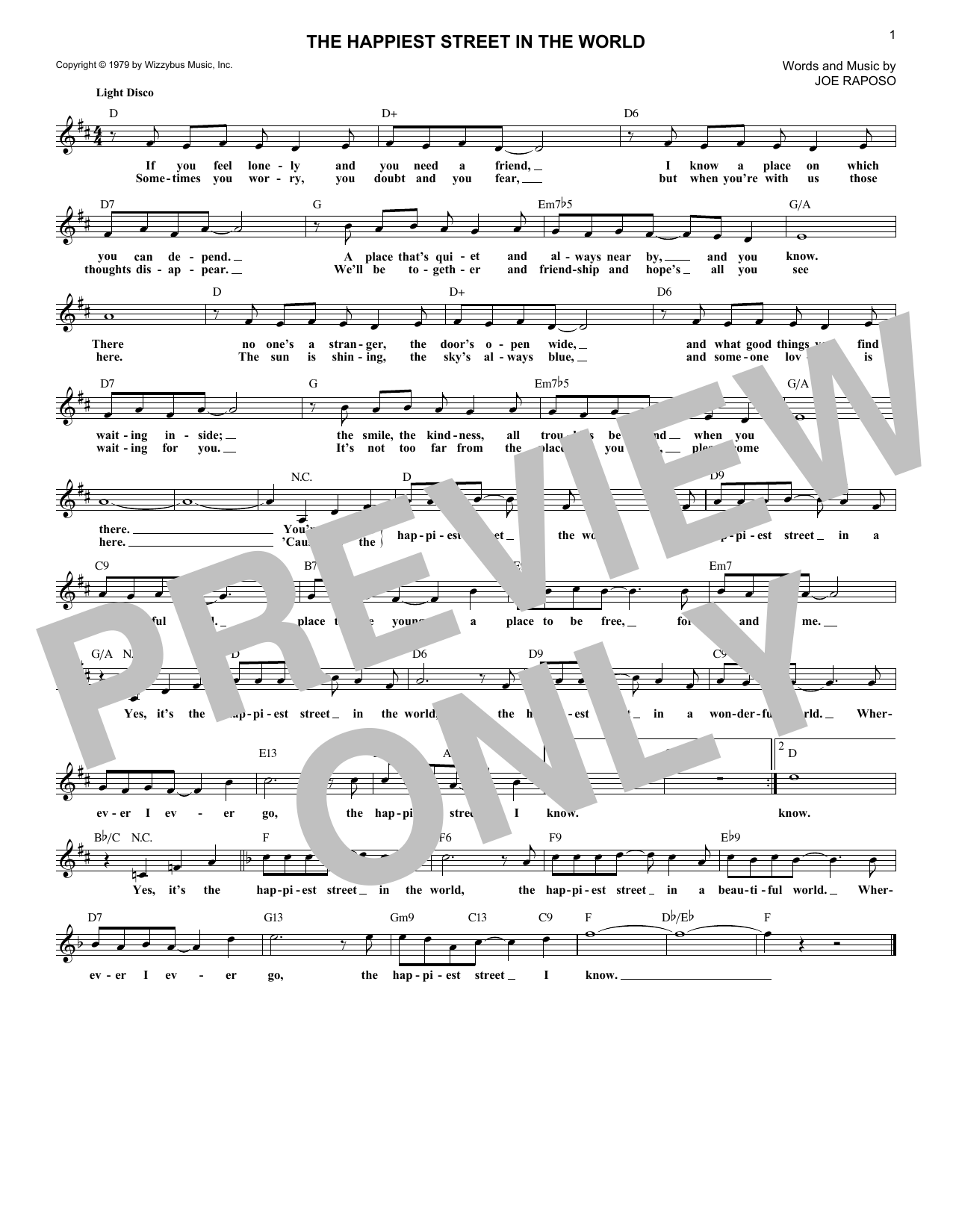 Learn to play Joe Raposo The Happiest Street In The World sheet music for Lead Sheet / Fake Book in minutes. Price: 5.9900$ Joe Raposo The Happiest Street In The World sheet music notes and chords arranged for Lead Sheet / Fake Book