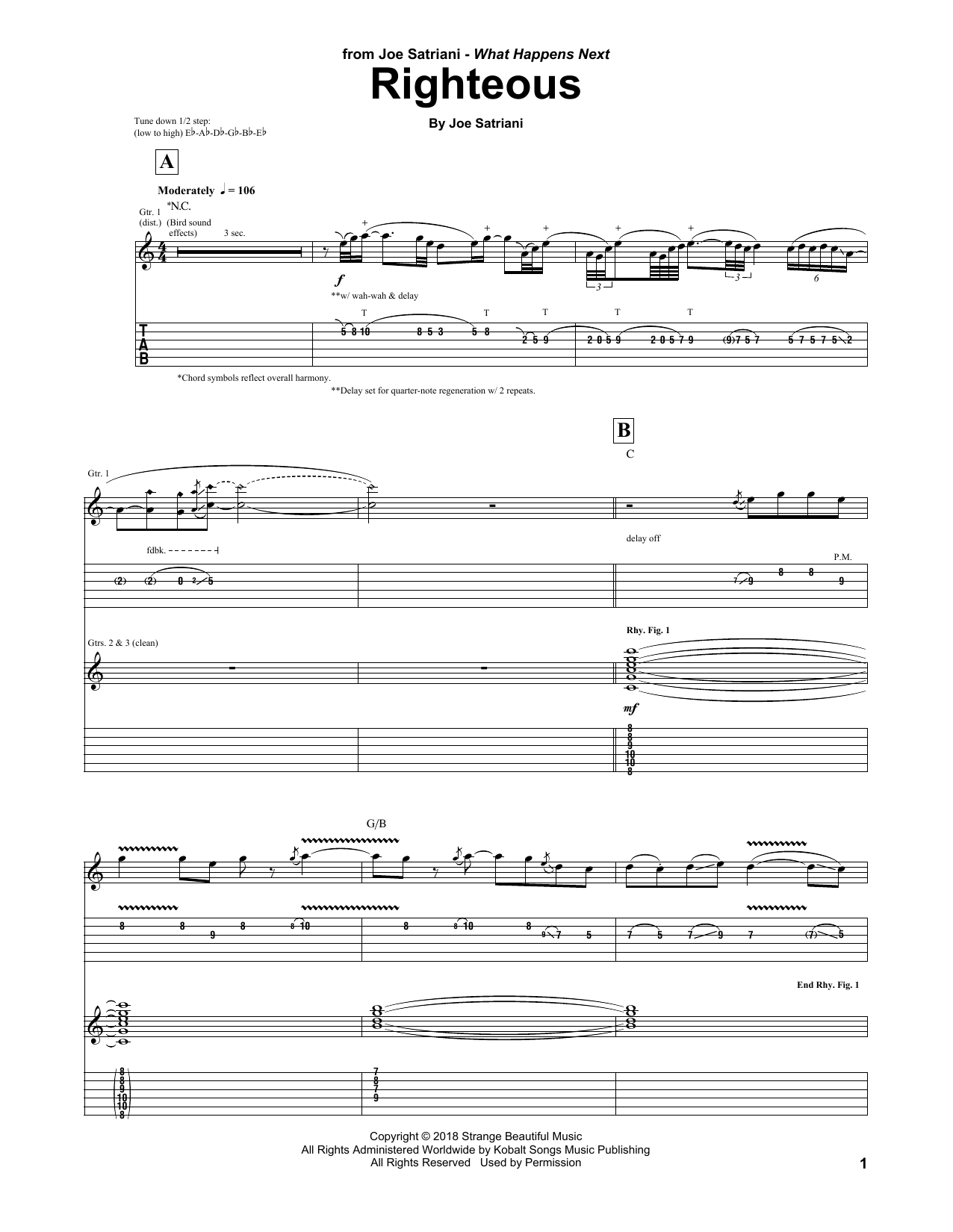 Joe Satriani Righteous sheet music notes and chords. Download Printable PDF.