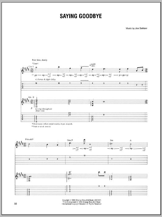 Joe Satriani Saying Goodbye sheet music notes and chords. Download Printable PDF.