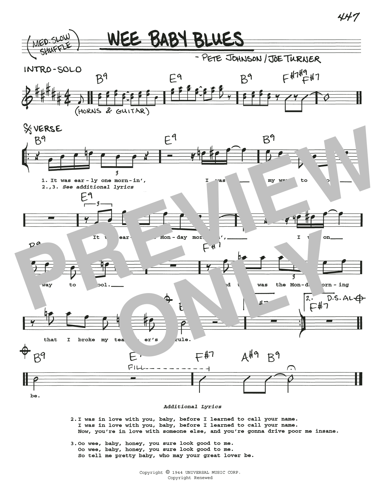 Joe Turner Wee Baby Blues sheet music notes and chords. Download Printable PDF.