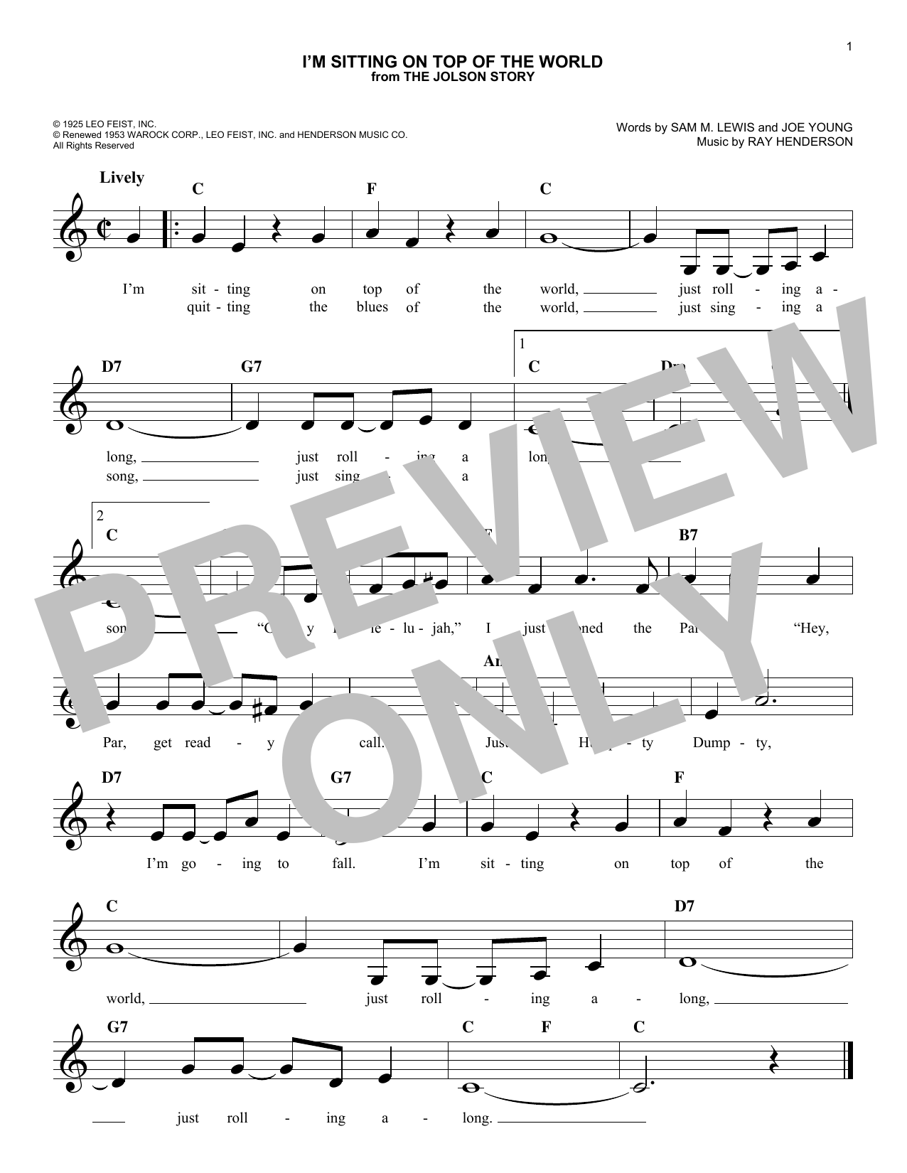 Joe Young "I'm Sitting On Top Of The World" Sheet Music PDF Chords | Standards Score Lead Sheet / Fake Book Download SKU: 194005