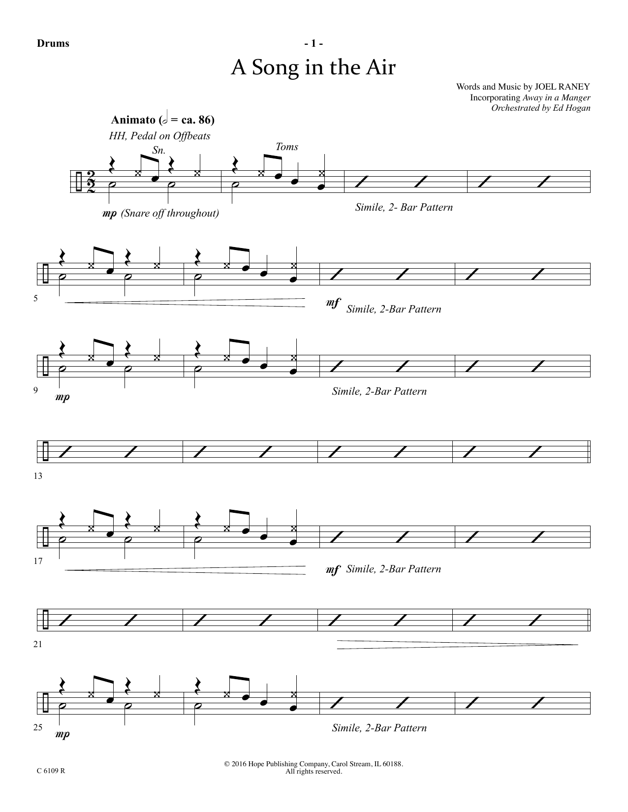Learn to play Joel Raney A Song In The Air - Drums sheet music for Choir Instrumental Pak in minutes. Price: 29.9900$ Joel Raney A Song In The Air - Drums sheet music notes and chords arranged for Choir Instrumental Pak