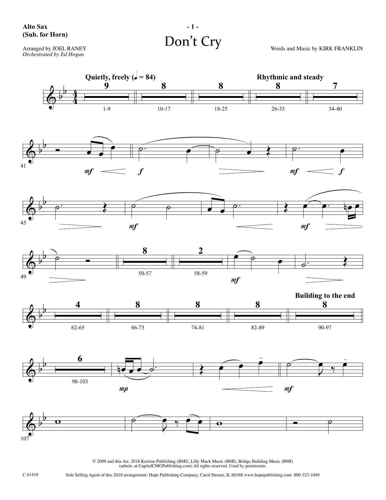 Learn to play Joel Raney Don't Cry - Alto Sax (Horn sub.) sheet music for Choir Instrumental Pak in minutes. Price: 69.9900$ Joel Raney Don't Cry - Alto Sax (Horn sub.) sheet music notes and chords arranged for Choir Instrumental Pak