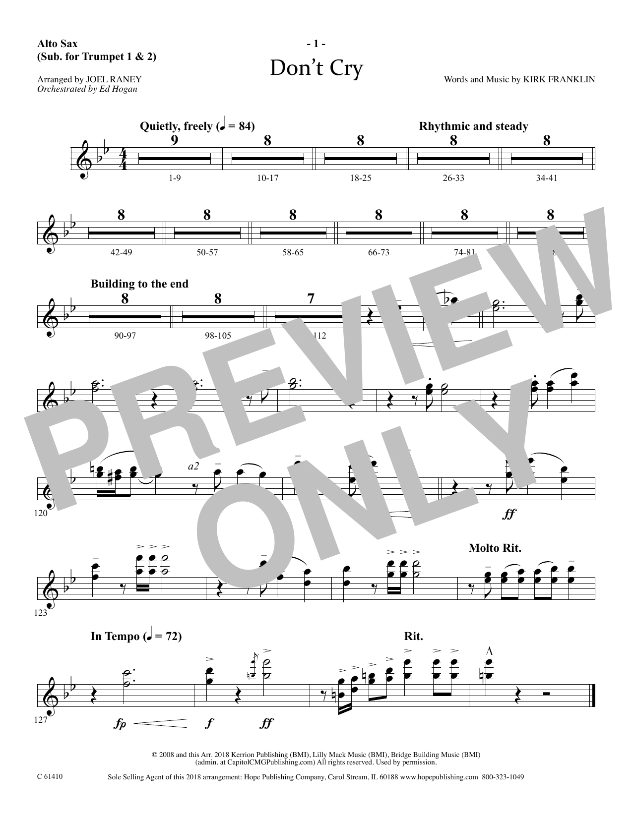 Learn to play Joel Raney Don't Cry - Alto Sax (sub. Trumpet 2) sheet music for Choir Instrumental Pak in minutes. Price: 69.9900$ Joel Raney Don't Cry - Alto Sax (sub. Trumpet 2) sheet music notes and chords arranged for Choir Instrumental Pak