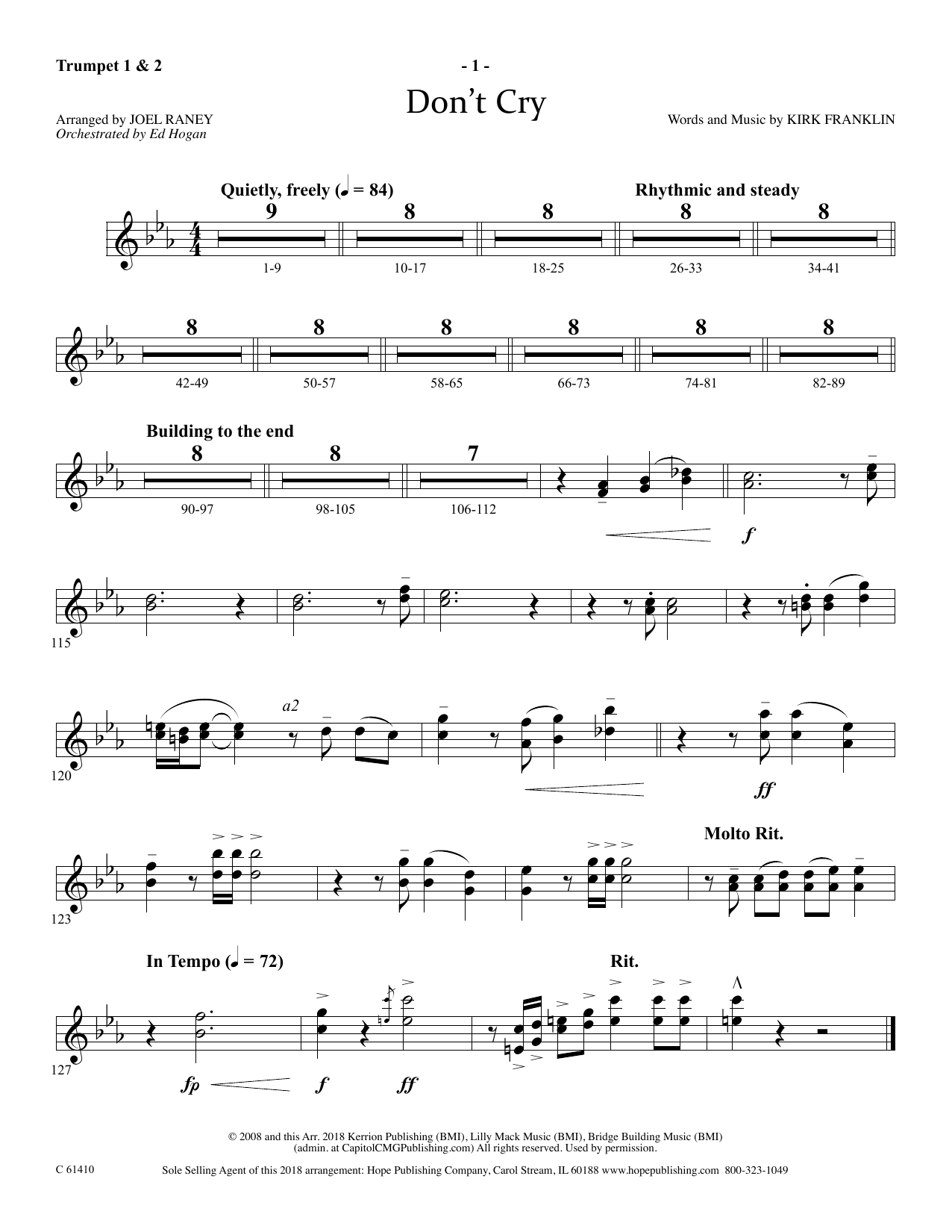 Learn to play Joel Raney Don't Cry - Bb Trumpet 1 & 2 sheet music for Choir Instrumental Pak in minutes. Price: 69.9900$ Joel Raney Don't Cry - Bb Trumpet 1 & 2 sheet music notes and chords arranged for Choir Instrumental Pak