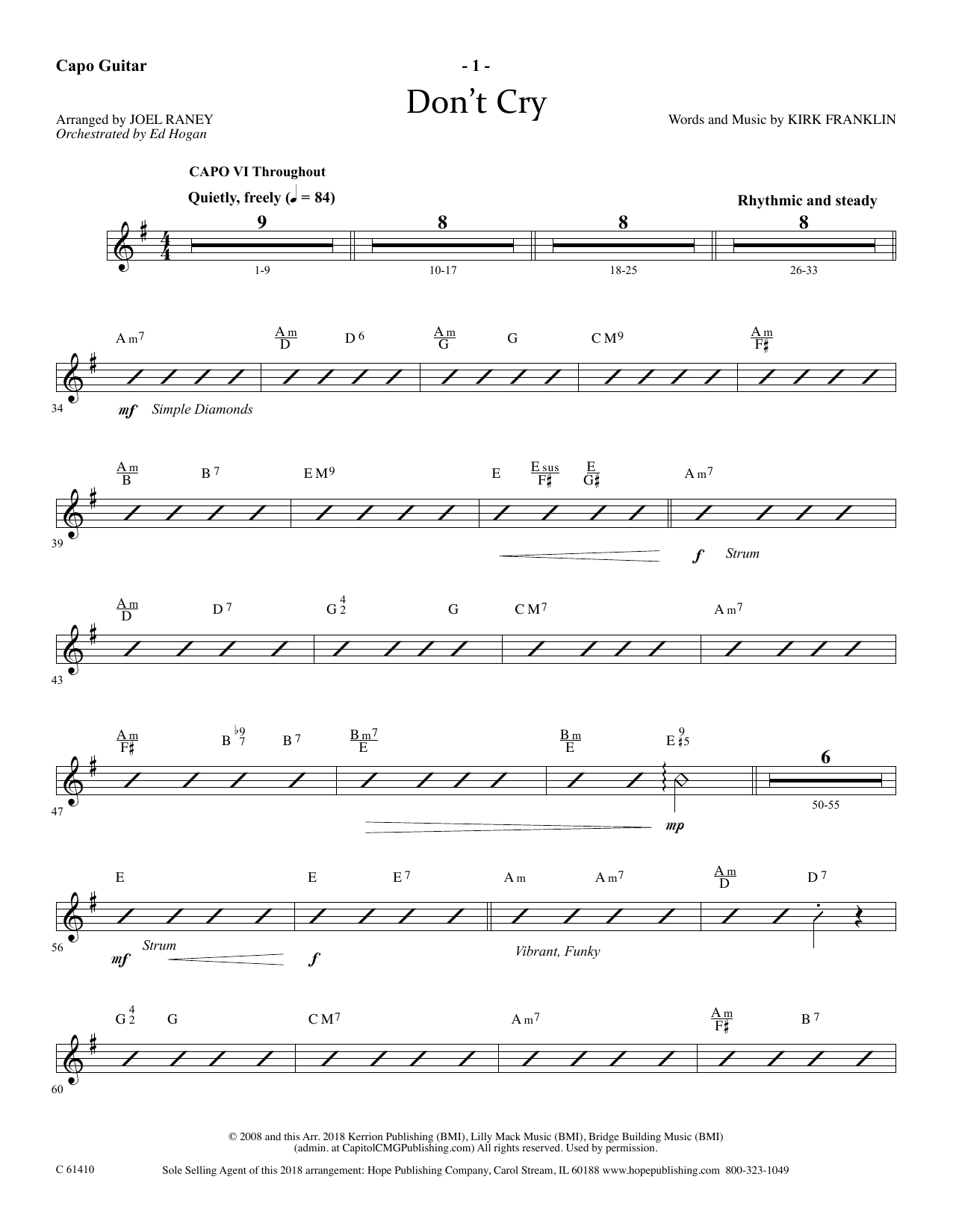 Learn to play Joel Raney Don't Cry - Capo Guitar sheet music for Choir Instrumental Pak in minutes. Price: 69.9900$ Joel Raney Don't Cry - Capo Guitar sheet music notes and chords arranged for Choir Instrumental Pak